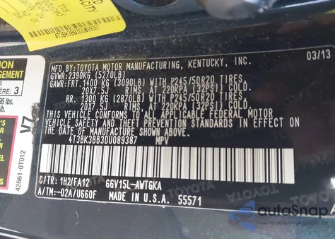 2013 Toyota Venza Le V6 z USA, uszkodzony, nr VIN 4T3BK3BB3DU089387